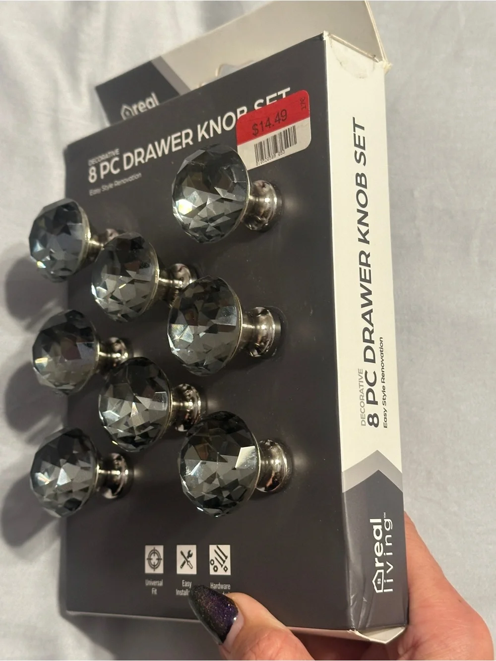 Real Living Decorative Crystal-Style Drawer & Cabinet Knobs (8-Pack) - Gray